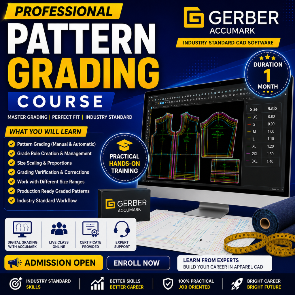 Professional Pattern Grading using Gerber AccuMark CAD software for accurate garment size grading and production-ready patterns.