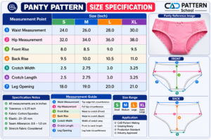 Professional Panty Pattern Specification thumbnail featuring front and back underwear pattern design, garment measurements, CAD pattern making guide, and Gerber AccuMark training for apparel manufacturing.