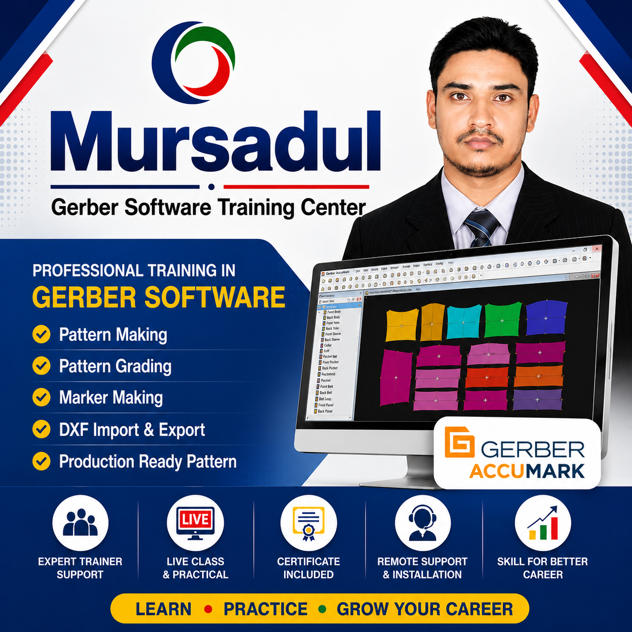 Mursadul Gerber Software Training Center provides professional training in Gerber AccuMark, CAD Pattern Making, Pattern Grading and Marker Making